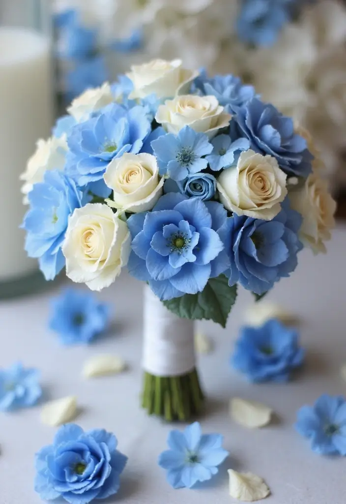 16 Colorful Simple Wedding Bouquets That Will Complement Your Theme (Check Out #9!) - 15. Classic Blue & White