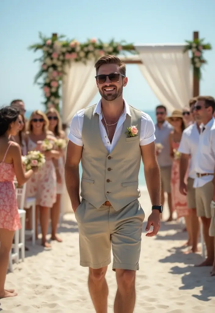 10 Stylish Wedding Guest Outfits for Men That Will Make You the Best-Dressed Attendee! - 10. Summer Vest and Shorts Combination